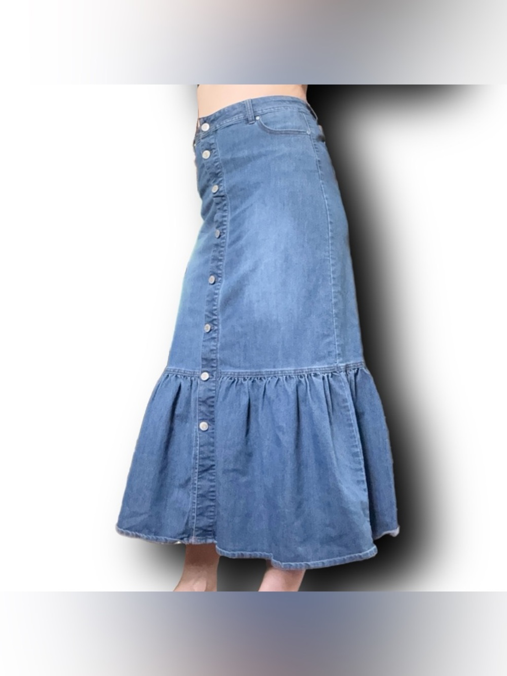 High-Waist Button-Front Denim Flounce Mermaid Midi Skirt - Picture 2 of 7